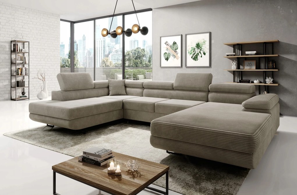 Veľký béžový rozkladací rohovník Astorp U, ľavý, s dvoma nádobami