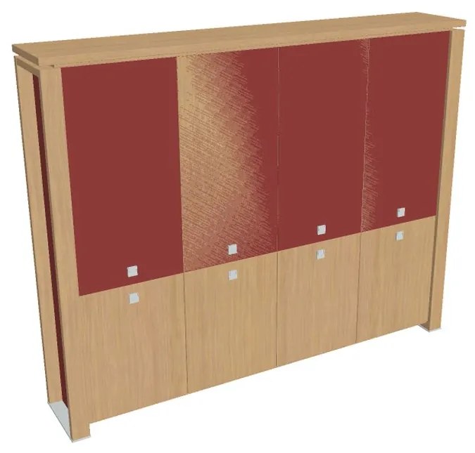 Vysoká skriňa Verno+ S 260 x 46 x 210 cm, kombinované dvere, dub svetlý / červená