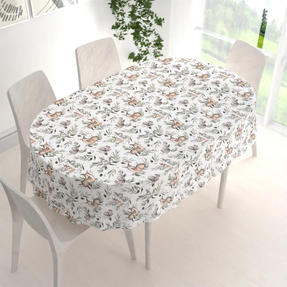Biante Detský bavlnený oválny obrus Sandra SA-455 Srnčekovia zajačikovia a veveričky na bielom 50x100 cm