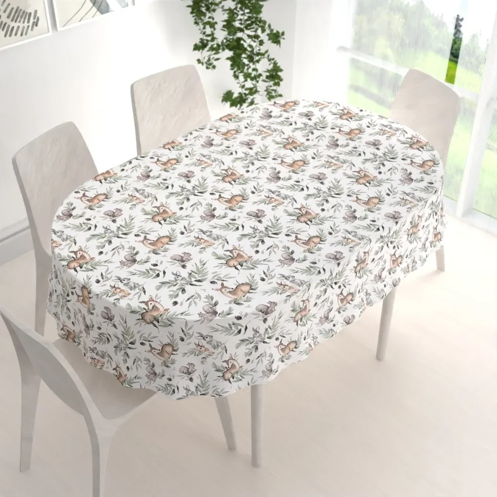 Biante Detský bavlnený oválny obrus Sandra SA-455 Srnčekovia zajačikovia a veveričky na bielom 60x100 cm