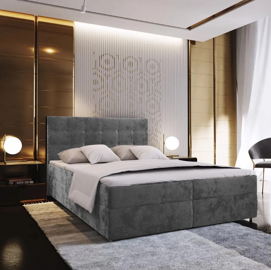 AKCIA Čalúnená posteľ boxspring GLORIEN VELVET 140x200 cm sivá II. akosť Matrac: Matrac Bonell pružinový