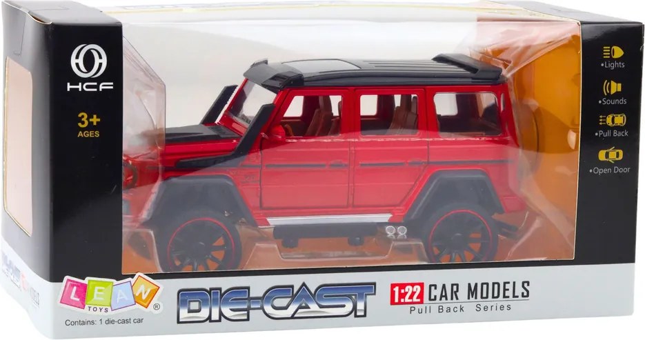 LEAN Toys Terénne vozidlo Kovový pohon Pull-Back Kovový otvárač dverí Červený 1:22