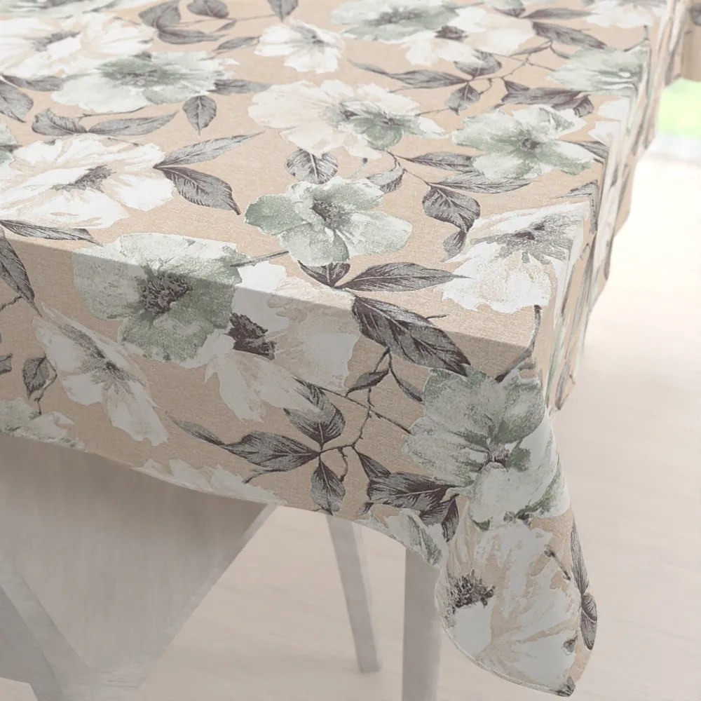 Biante Dekoračný obdĺžnikový obrus Porto PRT-012 Zeleno-biele kvety na béžovom 80x120 cm