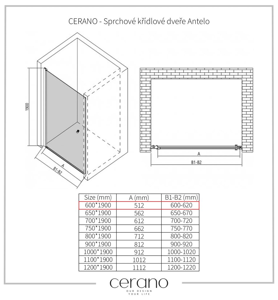 CERANO - Sprchové krídlové dvere Antelo L/P - chróm, transparentné sklo - 60x190 cm, CER-CER-481723