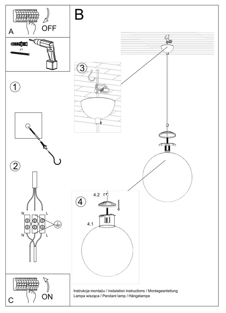 Závesné svietidlo Ugo, 1x biele sklenené tienidlo, (fi 40 cm), g