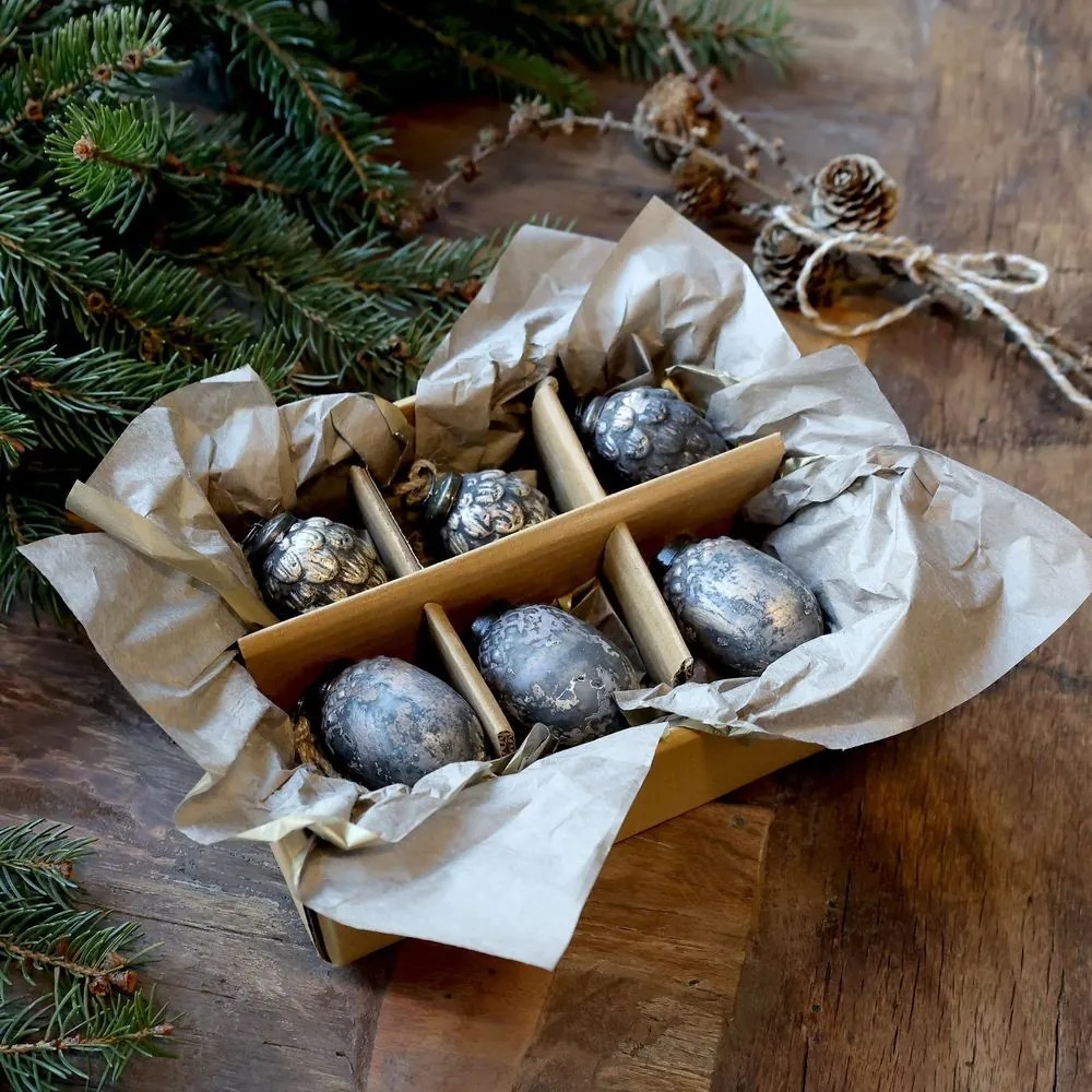 6ks mocca antik sklenená vianočná ozdoba šiška a žaluď - Ø 3,5*5,5 cm