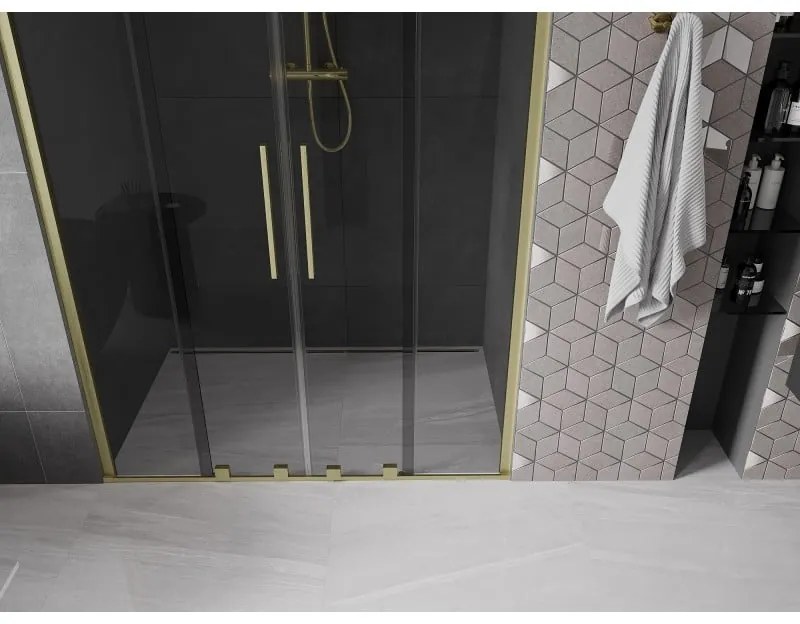 Mexen Velar Duo, posuvné sprchové dvere do otvoru 150 cm, 8mm šedé sklo, zlatá matná, 871-150-000-42-55