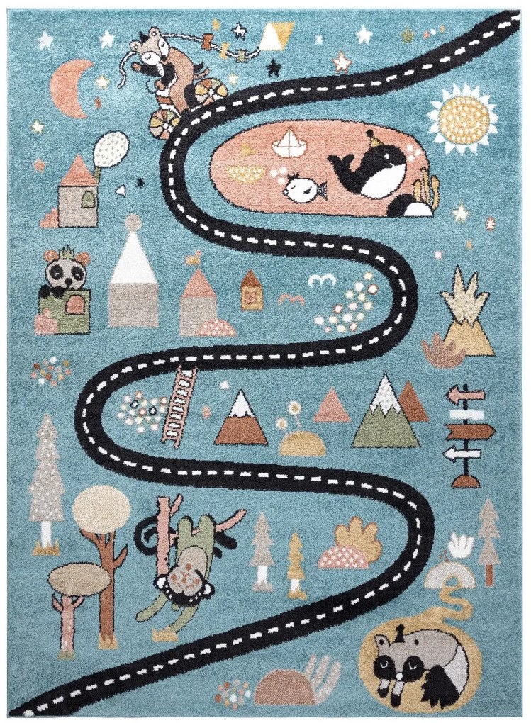 Detský kusový koberec Fun Route Street animals blue, 80x150, modrá, detská izba, Dywany Łuszczów