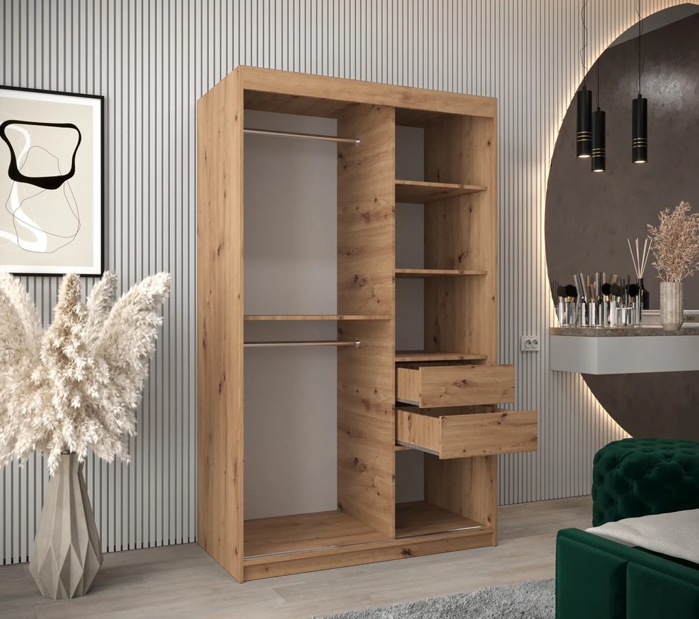 Šatníková skriňa 120 cm Milain (dub artisan). Akcia -21%. Vlastná spoľahlivá doprava až k Vám domov. 1125994