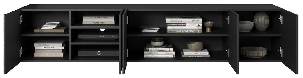 Závesná TV skrinka Asha 200 cm s ryhovaným čelom - čierny mat