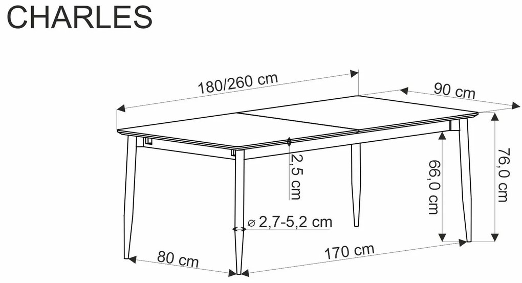 Jídelní rozkládací stůl Charles 180/260 cm šedý mramor/černý