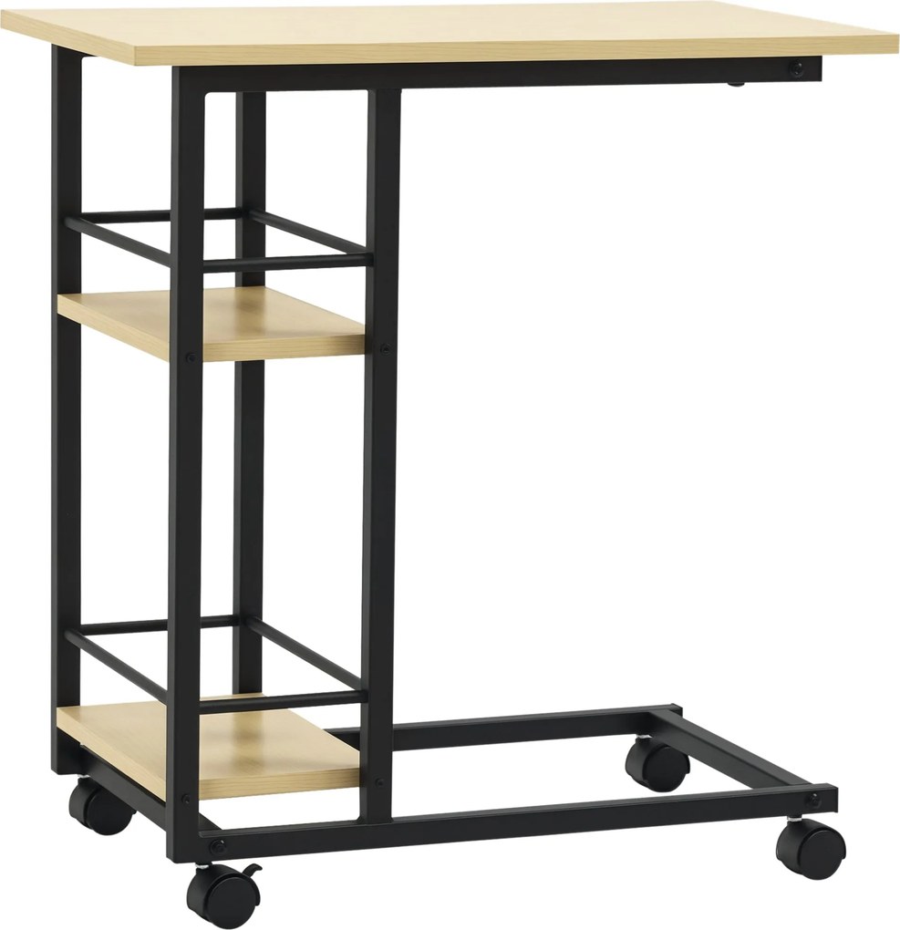 HOMCOM C-shape bočný stolík na kolieskach pre pohovku s 2 poličkami a brzdami pre spálňu a obývačku Moderný štýl 60x34.5x64.5 cm Prírodný | Aosom