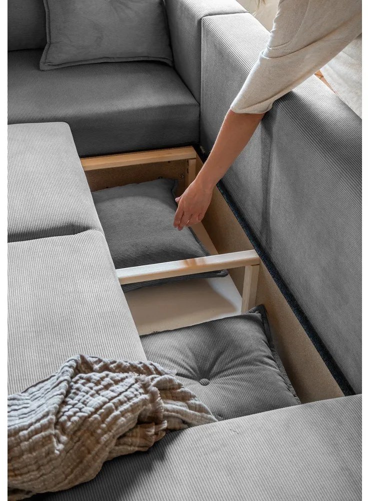 Sivá menčestrová rozkladacia rohová pohovka (ľavý roh/do "U") Lazy Lukka – Miuform