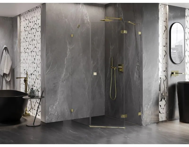 Mexen Lunar, výklopný päťuholníkový sprchový kút pravý 90 x 100 cm, 8mm číre sklo, zlatý profil, 831-090P-100L-50-00-P