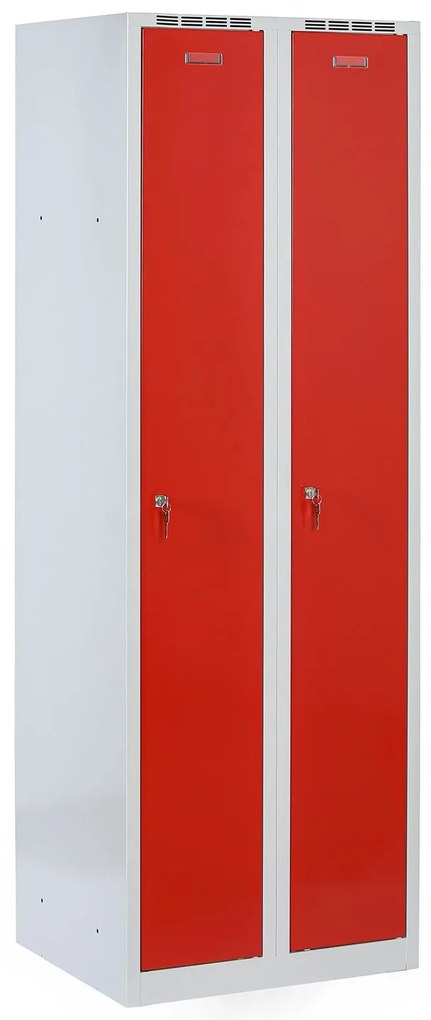 Plechová šatníková skrinka S8 na sokli, 2-dverová, 1800 x 600 x 500 mm, cylindrický zámok, červené dvere