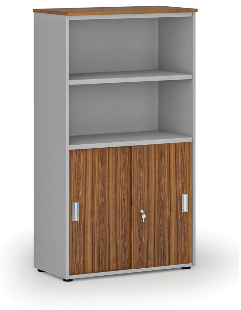 Kombinovaná kancelárska skriňa PRIMO GRAY, zasúvacie dvere na 2 poschodia, 1434 x 800 x 420 mm, sivá/orech
