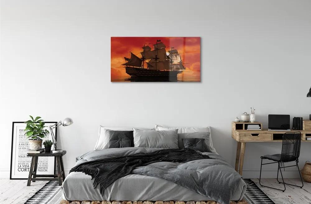 Obraz na skle Loď mora oranžová obloha 120x60 cm