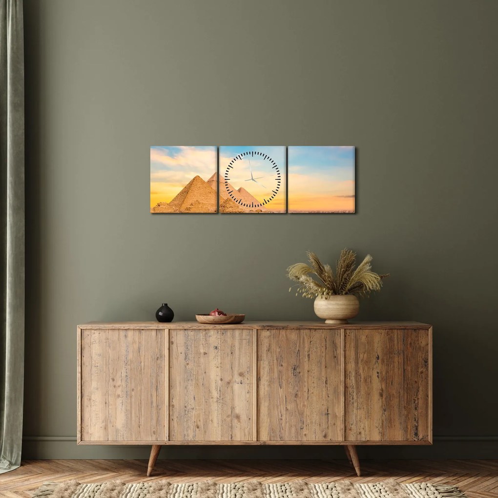 Obraz egyptských pyramíd (s hodinami) (90x30 cm)