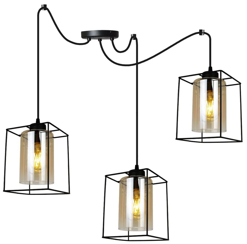 Závesné svietidlo Hella Cage Spider, 3x medové sklenené tienidlo v kovovom ráme