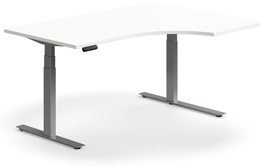 Výškovo nastaviteľný stôl QBUS, rohový, 1600x1200 mm, strieborný rám, biela