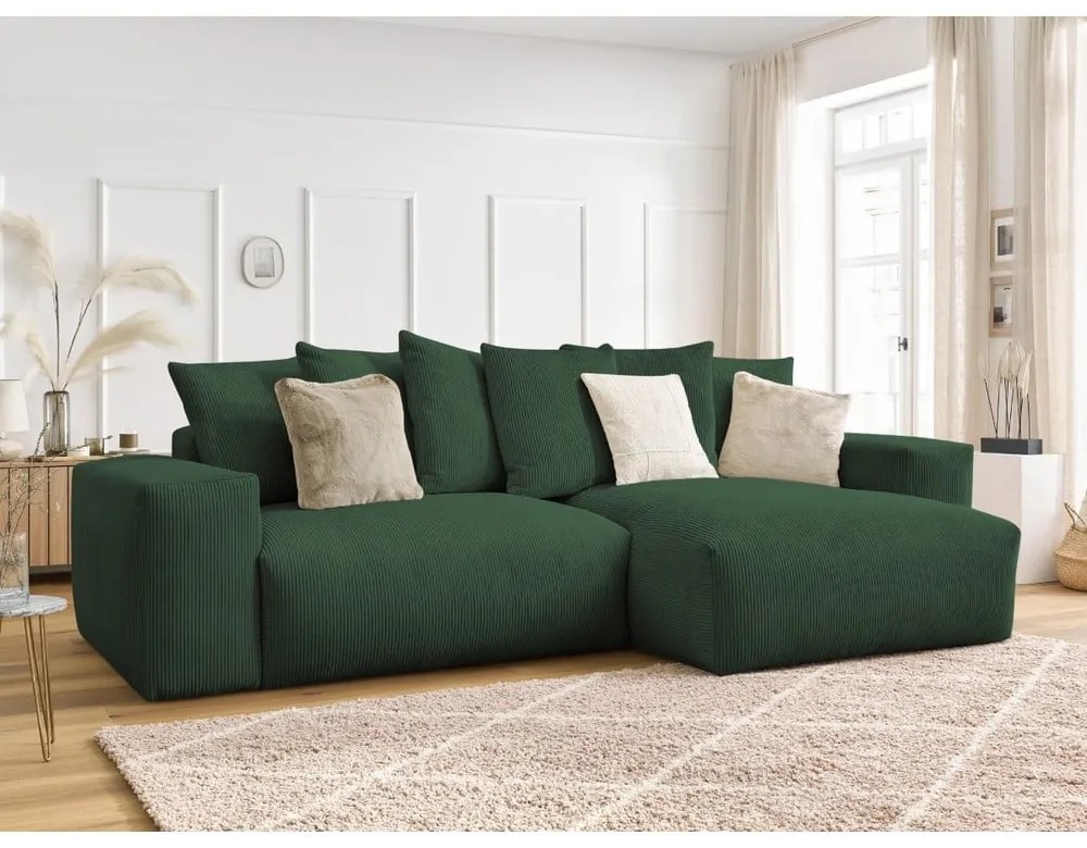 Zelená menčestrová rozkladacia/s úložným priestorom rohová pohovka Voltaire – Bobochic Paris