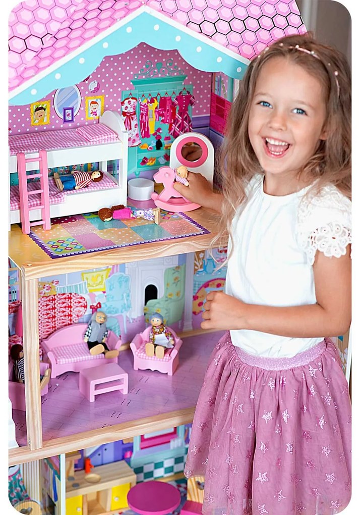 Ricokids Drevený domček pre bábiky veľký 3-poschodový s výťahom a LED osvetlením
