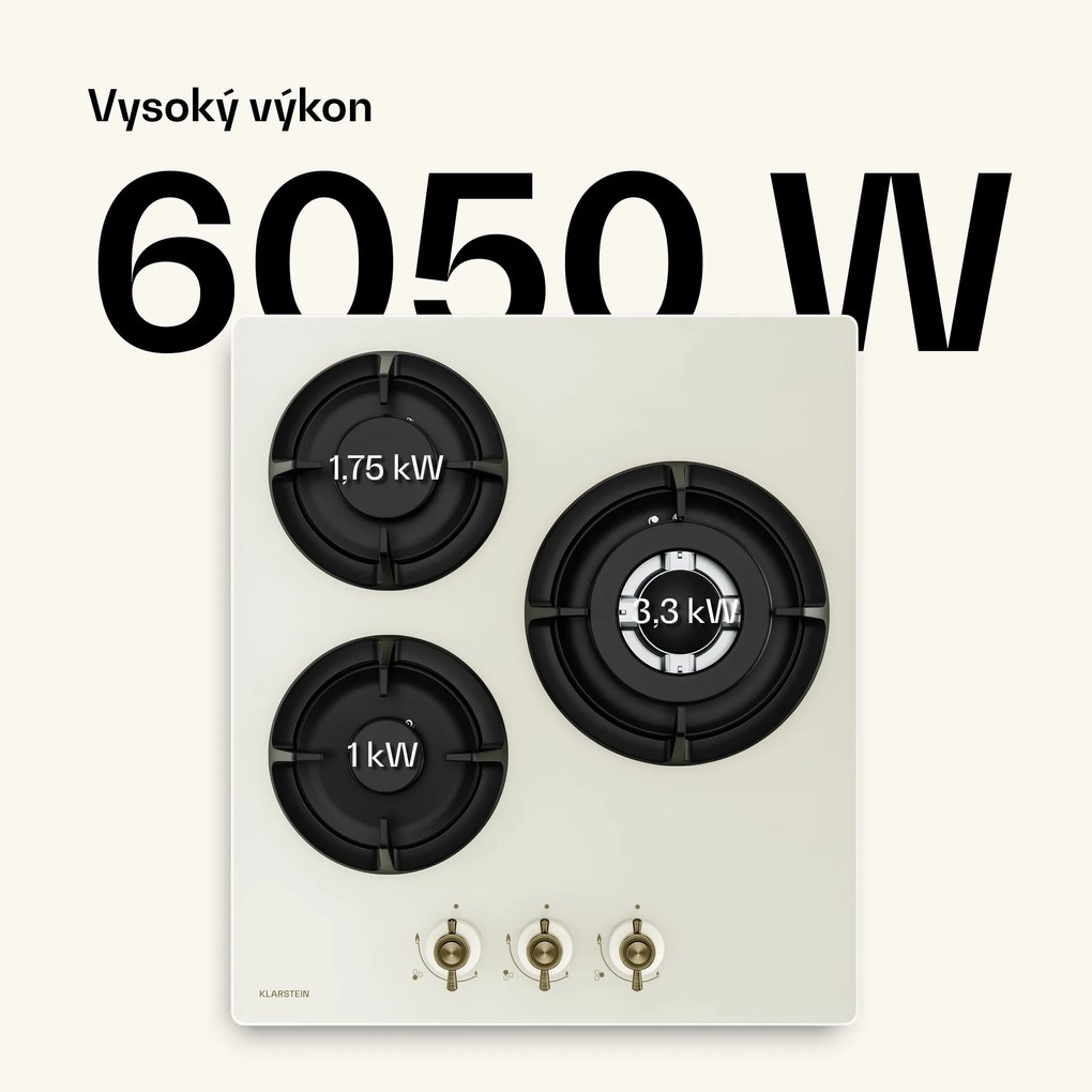 Klarstein Victoria plynová varná doska | 3 hliníkové horáky | kompatibilná na zemný plyn a LPG | 6050 W | 45 cm