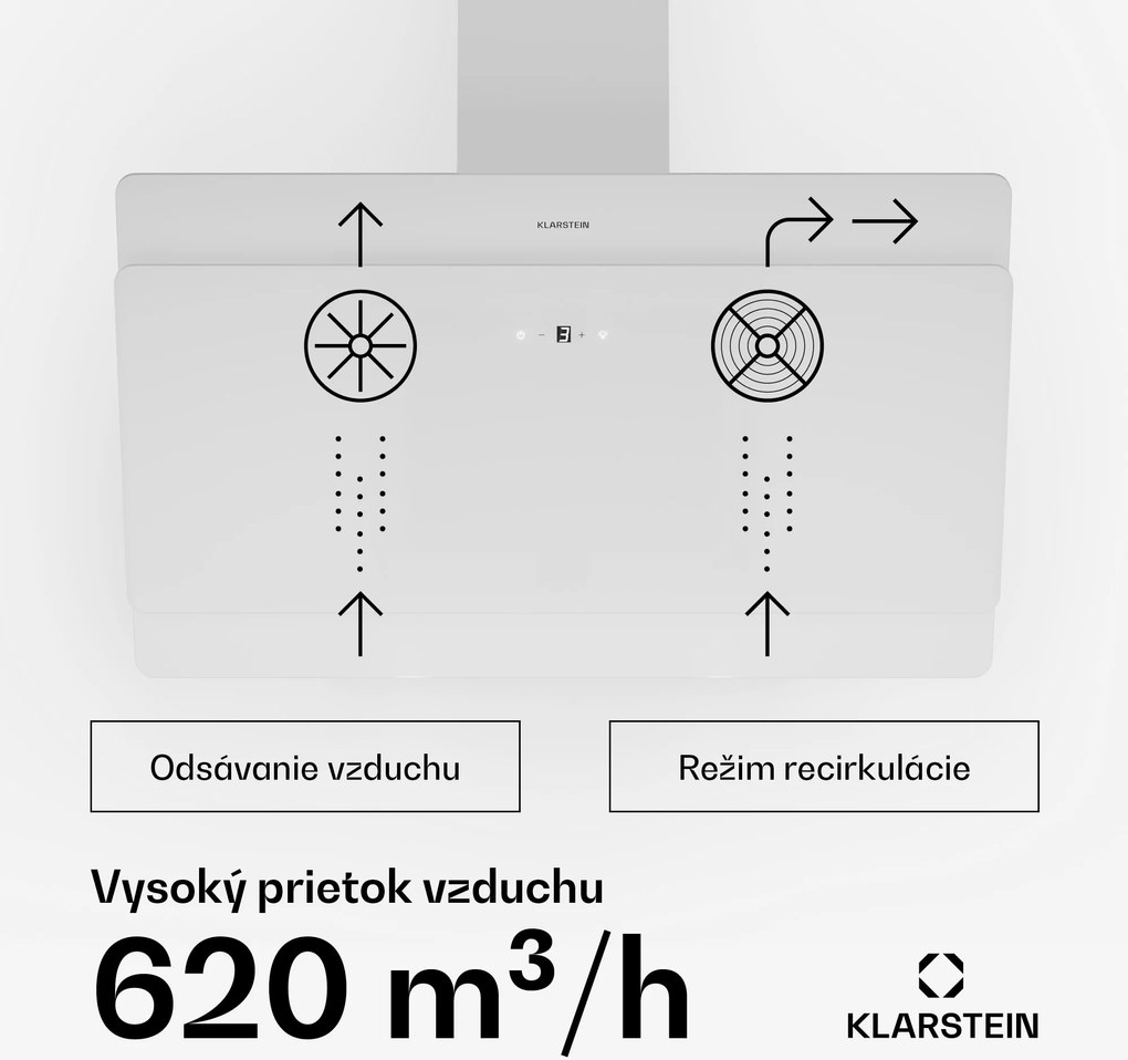 Klarstein Aurica 90, digestor, 90 cm, nástenný, 610 m³/h, LED, dotykové ovládanie, sklo, biely