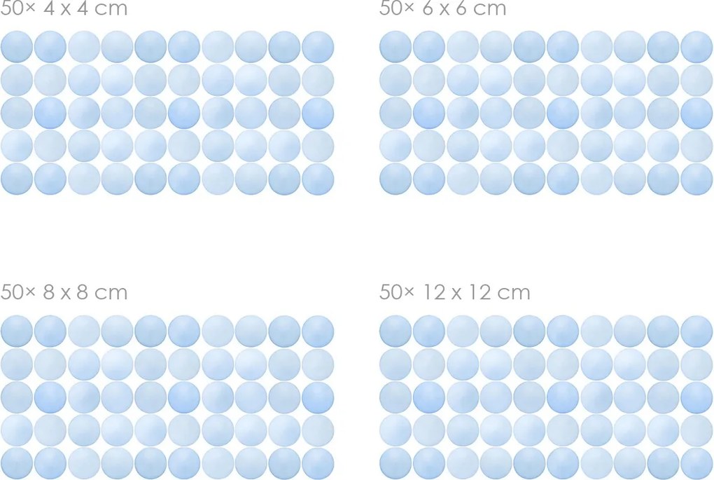 Akvarelové bodky svetlomodré 50 ks textilné prelepiteľné nálepky na stenu 50 ks 4x4 cm