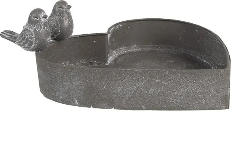 Šedý plechový kvetináč v tvare srdca s vtáčikmi - 19*17*7cm