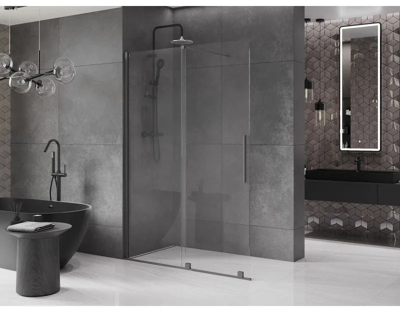 Mexen Velar, sprchová zástena s posuvnými dverami Walk-in 160 x 200 cm, 8mm číre sklo, brúsený grafit, 871-160-000-03-95