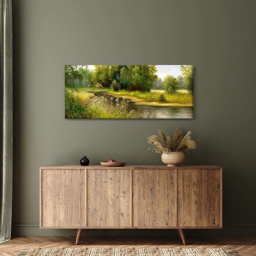 Obraz - Rieka pri lese, olejomaľba (120x50 cm)