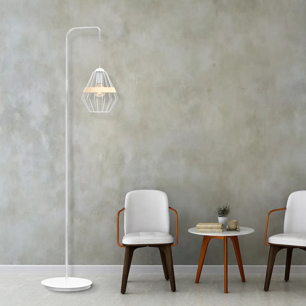 Stojacia lampa Cliff, 1x drevené/biele drôtené tienidlo, w