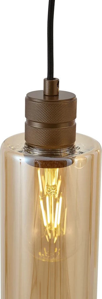 Hotelová elegantná závesná lampa tmavý bronz s jantárovým sklom 3-svetlá - Stavelot