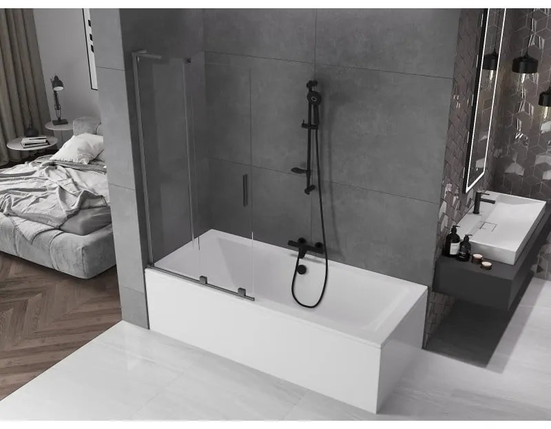 Mexen Velar L, 2-krídlová posuvná vaňová zástena 90 x 150 cm, 8mm číre sklo, brúsený grafit, 896-090-003-01-66