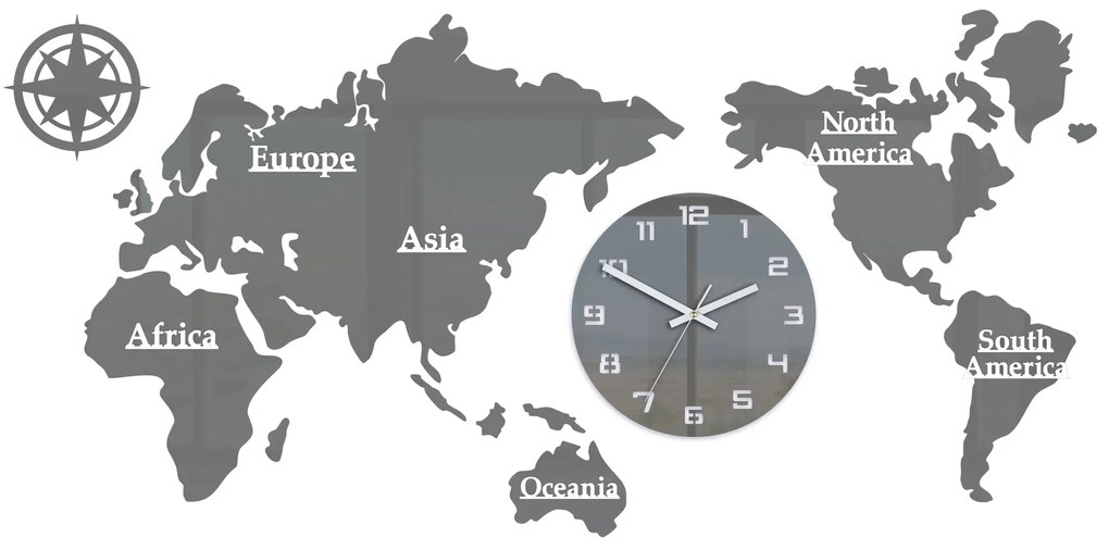 Nástenné samolepiace hodiny Mapa sveta 110x55 cm sivé