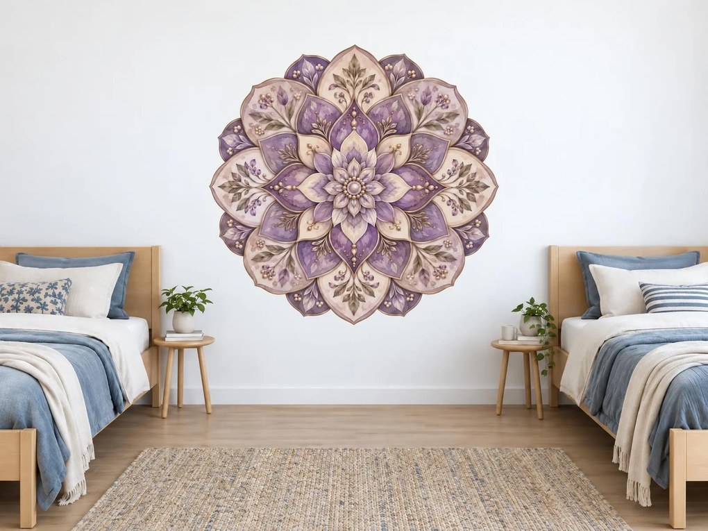 Levanduľová mandala jemná fialová textilná prelepiteľná nálepka na stenu arch 75 x 74 cm