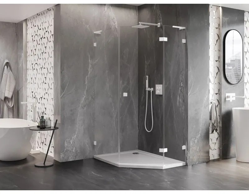 Mexen Lunar, L pravý výklopný päťuholníkový sprchový kút 80 x 90 cm, 8mm číre sklo, biely profil, 831L-080P-090L-20-00-P