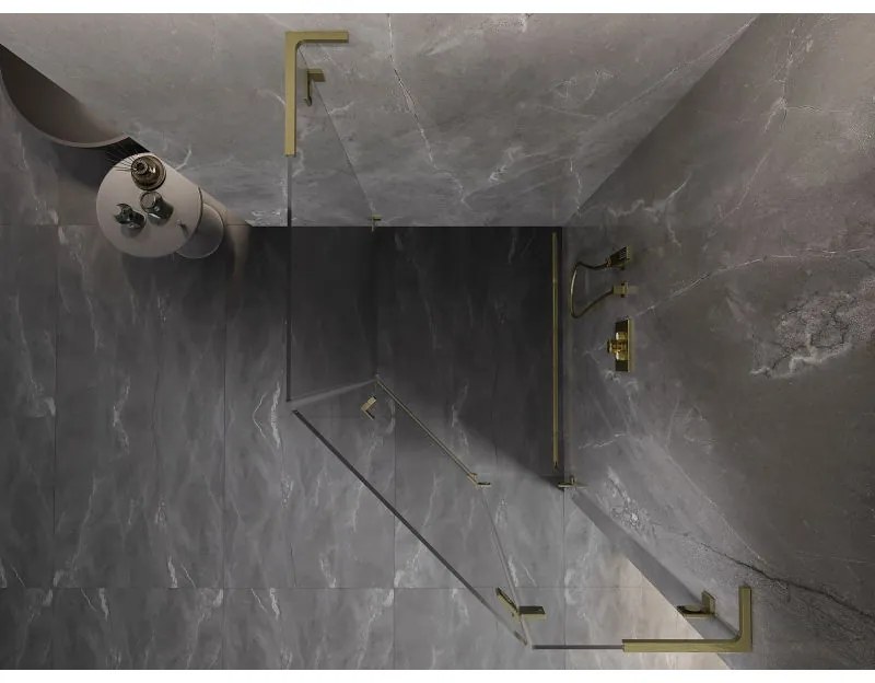 Mexen Lunar, L pravý výklopný päťuholníkový sprchový kút 90 x 100 cm, 8mm číre sklo, zlatý matný profil, 831L-090P-100L-55-00-P