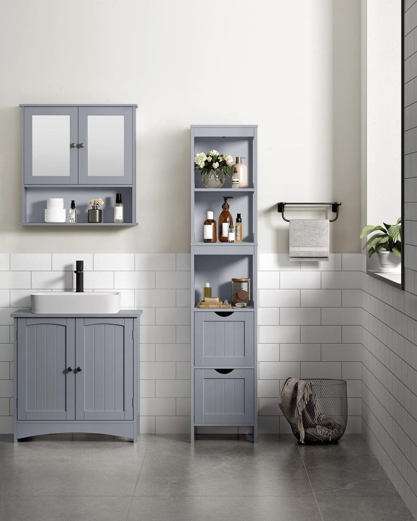 Kúpeľňová podlahová skrinka, s 2 zásuvkami, 3 otvorenými priehradkami, sivá