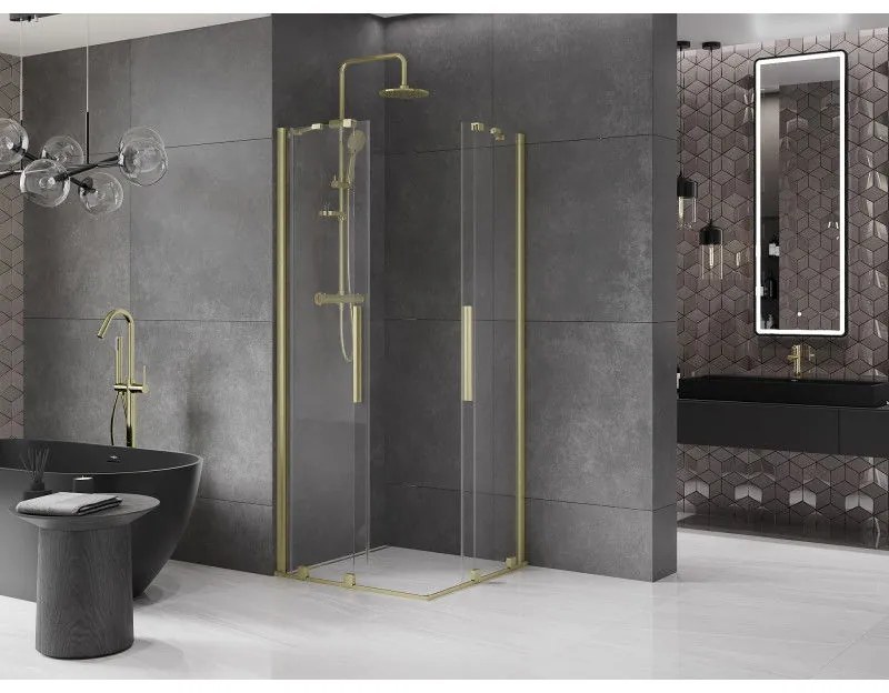 Mexen Velar Duo, sprchový kút s posuvnými dverami 80(dvere) x 80(dvere) cm, 8mm číre sklo, zlatý matný profil, 871-080-080-02-55