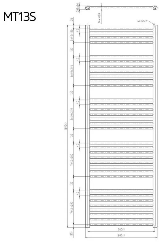 Mereo, Vykurovací rebrík 600x1690 mm, rovný, biely, stredové pripojenie, MER-MT13S