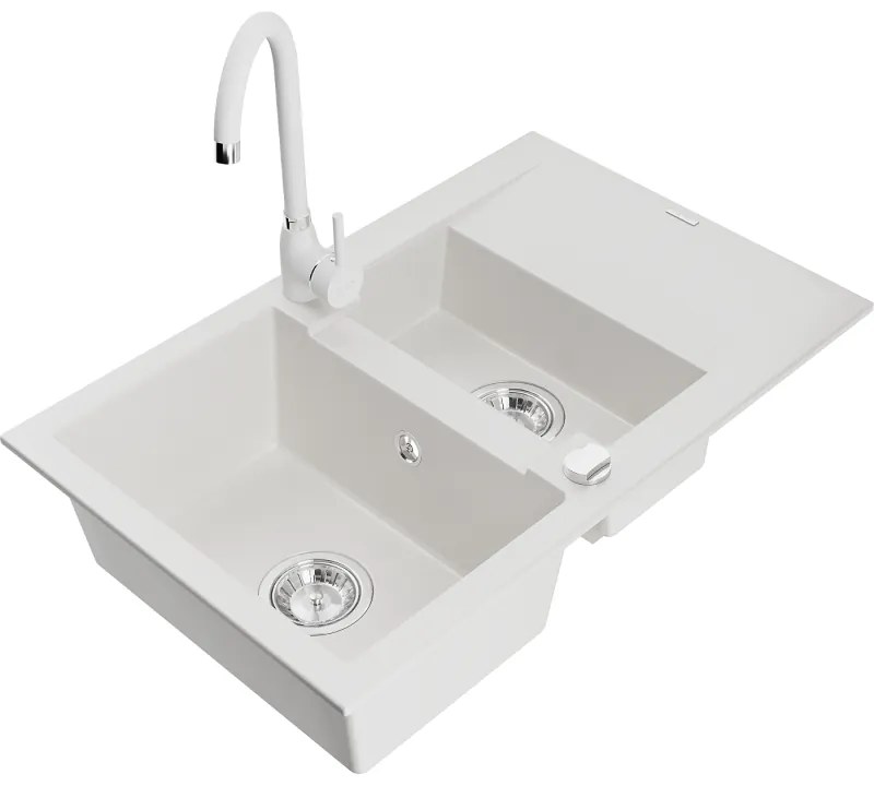 Mexen Gaspar, 1,5-komorový granitový drez s odkvapkávačom 74x48 cm a kuchynskou batériou Telma, biela, 6507-20-670200-20