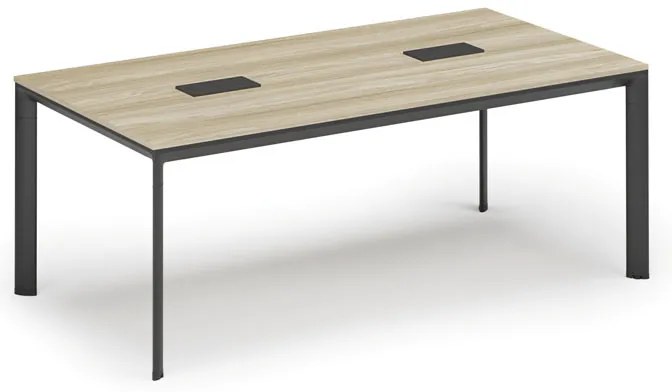 Rokovací stôl PRIMO INVITATION, 200x100 cm, dub prírodný + 2x stolná zásuvka TYP III, čierna