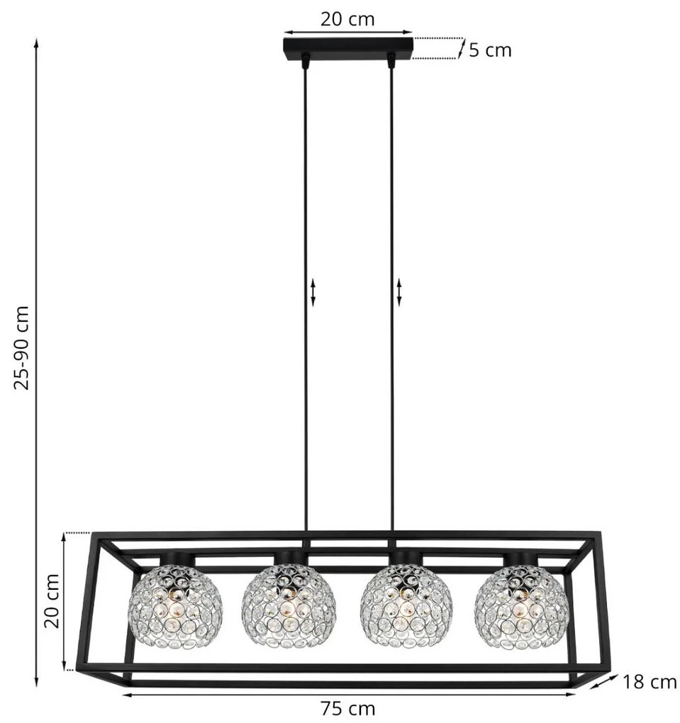 Závesné svietidlo Crystal cage, 4x strieborné krištáľové tienidlo v kovovom ráme