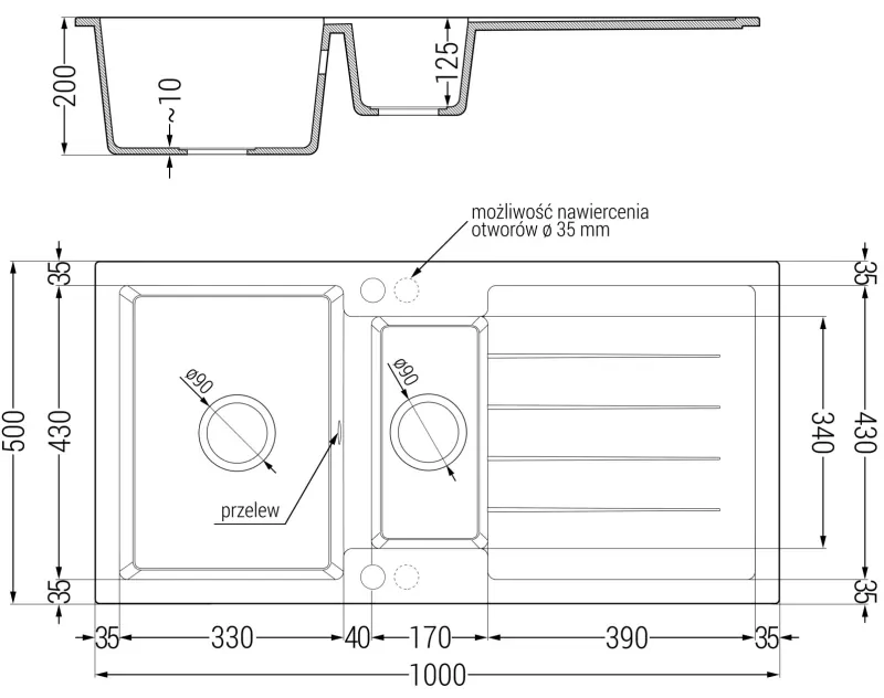 Mexen Andres, granitový drez 1000x500x200 mm, 1,5-komorový + chrómová batéria Duero, čierna-zlatá metalíza, 6515-75-671600-00