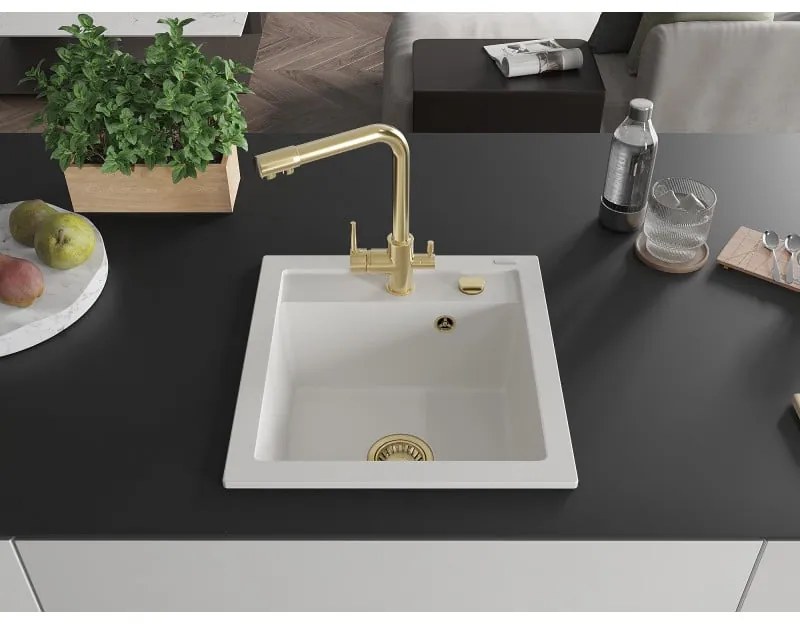 Mexen Vito, 1-komorový granitový drez 520x490x210 mm, zlatá batéria Duero, biela, 6503-20-671600-50
