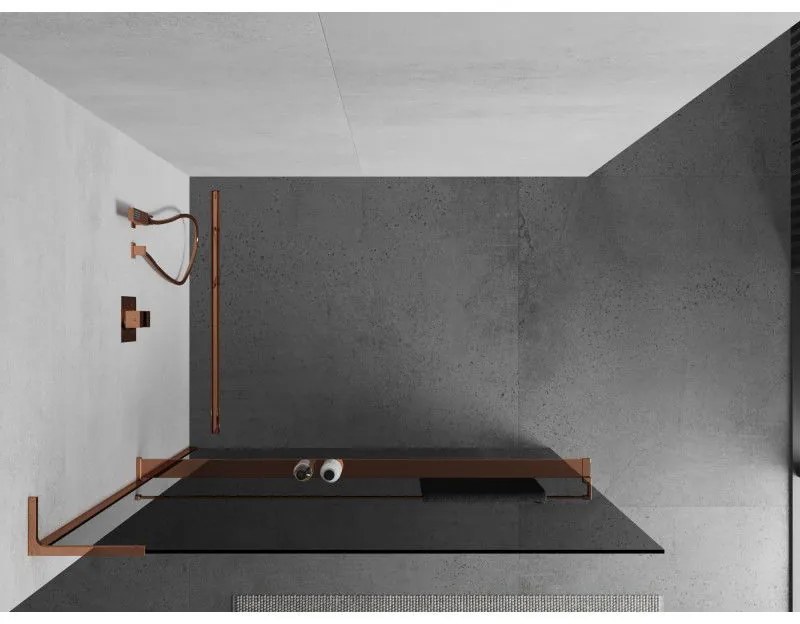 Mexen Kioto+ L, sprchová zástena Walk-In s poličkou a vešiakom 120 x 200 cm, 8mm šedé sklo, ružové zlato profil, 800-120-123-60-40