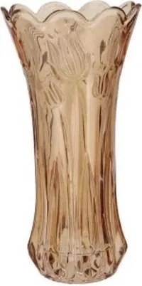 Karamelově hnědá skleněná váza s reliéfem tulipánů Delight - Ø 10*20 cm