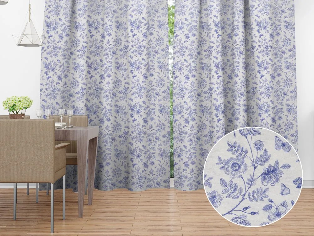 Biante Dekoračný záves Leona LN-081 Modré kvety a motýliky na svetlo sivom 130x180 cm